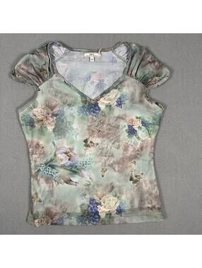 Women’s Floral Micro Mesh Short Sleeve Pink Green Y2K